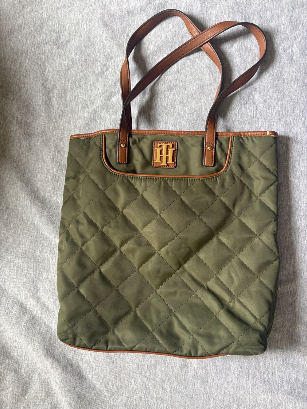 Tommy Hilfiger Quilted Olive Tote with Brown Trim and Logo
